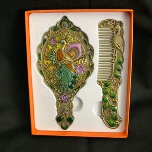 Beautiful Metal Mirror and Comb Set. Peacock design on mirror. Nice